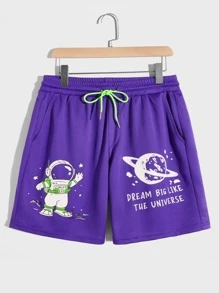 Manfinity EMRG Men Astronaut & Slogan Graphic Drawstring Waist Shorts - Purple - View 1