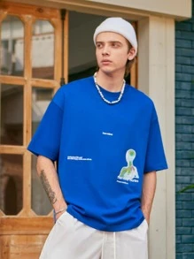 INFLATION Men Slogan Graphic Drop Shoulder Tee - Blue - View 3