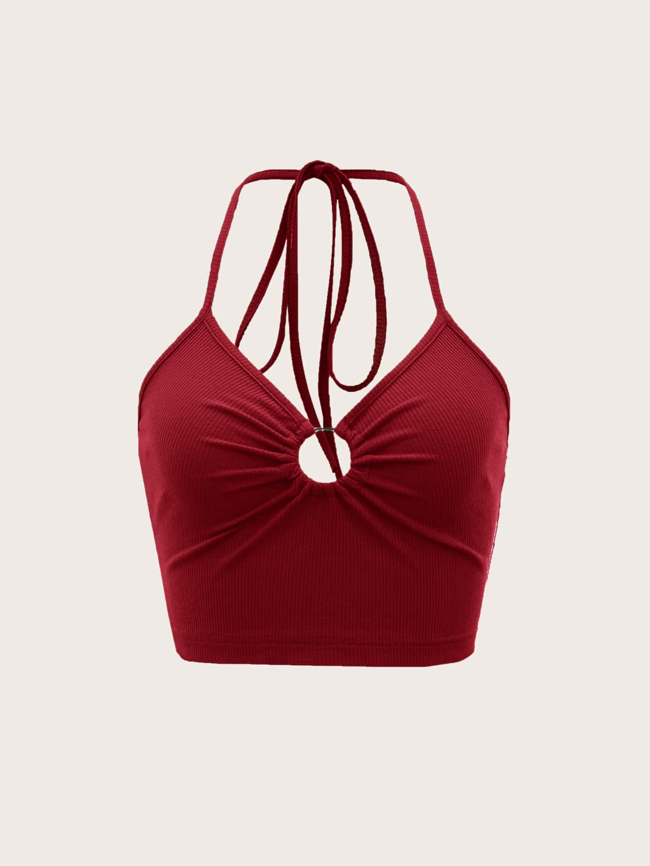 SHEIN ICON Solid Ring Detail Halter Top - Burgundy - View 1