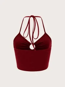 SHEIN ICON Solid Ring Detail Halter Top - Burgundy - View 2