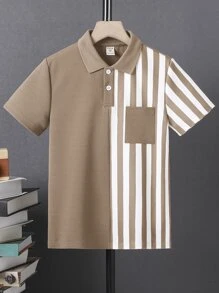 SHEIN Tween Boy Striped Print Pocket Patched Polo Shirt - Khaki - View 2