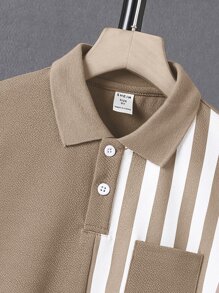 SHEIN Tween Boy Striped Print Pocket Patched Polo Shirt - Khaki - View 5