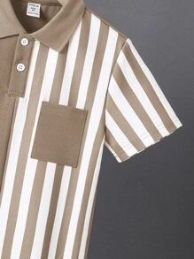 SHEIN Tween Boy Striped Print Pocket Patched Polo Shirt - Khaki - View 4