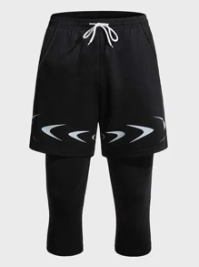 Manfinity Sport Corelite Men 2 In 1 Graphic Print Drawstring Waist Capris Sports Trousers - Black - View 1