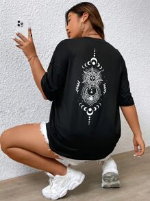 Flirla Plus Sun & Moon Print Drop Shoulder Tee - Black - View 1