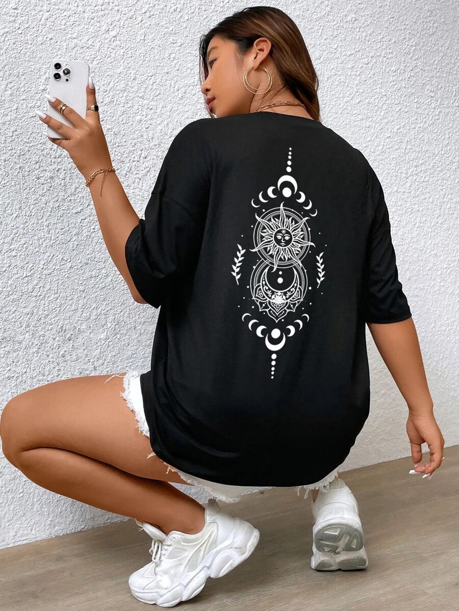 Flirla Plus Sun & Moon Print Drop Shoulder Tee - Black - View 1