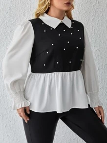 SHEIN Clasi Plus Pearls Beaded 2 In 1 Blouse - Black and White - View 2
