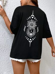 Flirla Plus Sun & Moon Print Drop Shoulder Tee - Black - View 5