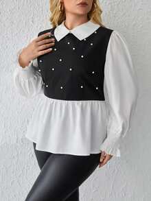 SHEIN Clasi Plus Pearls Beaded 2 In 1 Blouse - Black and White - View 4