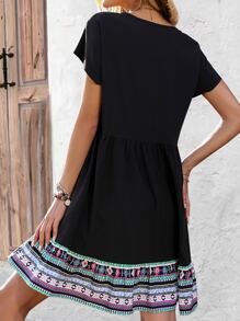 SHEIN VCAY 幾何印花蝙蝠袖娃娃裙 - 黑色 - 查看 2