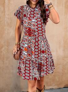 SHEIN Holidaya Allover Print Butterfly Sleeve Ruffle Hem Smock Dress - Burgundy - View 1