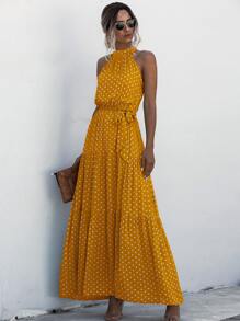 SHEIN Clasi Halter Self Tie Ruffle Hem Polka Dot Dress - Yellow - View 1
