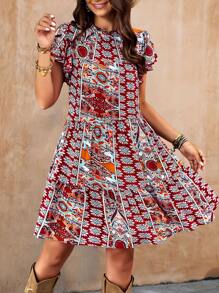 SHEIN Holidaya Allover Print Butterfly Sleeve Ruffle Hem Smock Dress - Burgundy - View 5