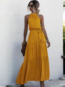 SHEIN Clasi Halter Self Tie Ruffle Hem Polka Dot Dress - Yellow - View 4