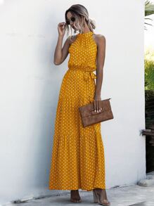 SHEIN Clasi Halter Self Tie Ruffle Hem Polka Dot Dress - Yellow - View 6