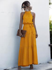 SHEIN Clasi Halter Self Tie Ruffle Hem Polka Dot Dress - Yellow - View 7
