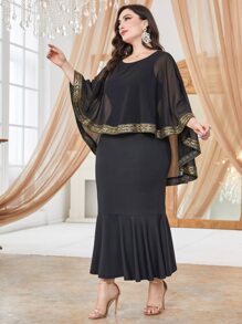 Lacomfia Plus Contrast Mesh Mermaid Hem Dress - Black - View 1