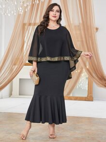 Lacomfia Plus Contrast Mesh Mermaid Hem Dress - Black - View 4