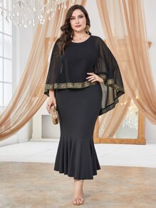 Lacomfia Plus Contrast Mesh Mermaid Hem Dress - Black - View 6