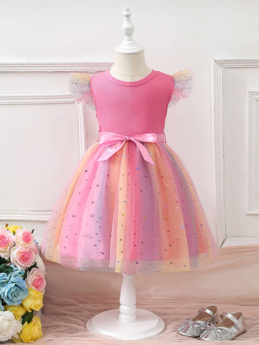 Toddler Girls Star Print Mesh Overlay Dress