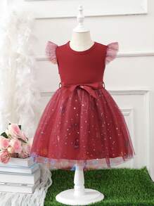 Toddler Girls Butterfly Print Contrast Star Mesh Ruffle Trim Belted Dress - Burgundy - View 1