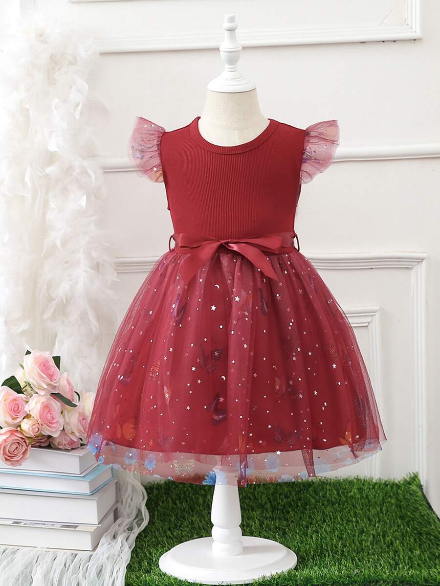 Toddler Girls Butterfly Print Contrast Star Mesh Ruffle Trim Belted Dress - Burgundy - View 1