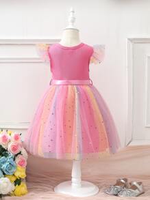 Toddler Girls Star Print Mesh Overlay Dress