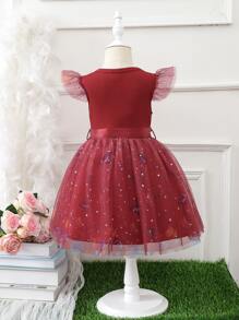 Toddler Girls Butterfly Print Contrast Star Mesh Ruffle Trim Belted Dress - Burgundy - View 2