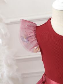 Toddler Girls Butterfly Print Contrast Star Mesh Ruffle Trim Belted Dress - Burgundy - View 3