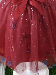 Toddler Girls Butterfly Print Contrast Star Mesh Ruffle Trim Belted Dress - Burgundy - View 4
