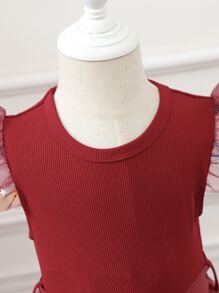 Toddler Girls Butterfly Print Contrast Star Mesh Ruffle Trim Belted Dress - Burgundy - View 5