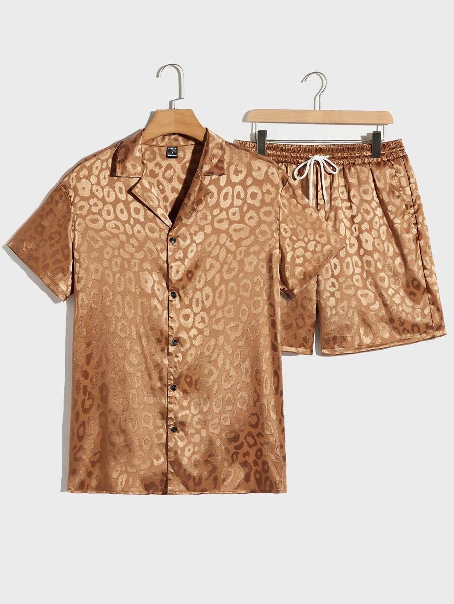 Manfinity AFTRDRK Men Leopard Jacquard Shirt & Drawstring Waist Shorts - Brown - View 1