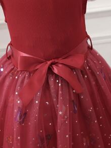 Toddler Girls Butterfly Print Contrast Star Mesh Ruffle Trim Belted Dress - Burgundy - View 6