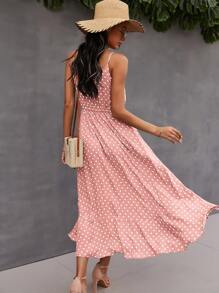SHEIN VCAY Button Through Drawstring Waist Polka Dot Cami Dress - Dusty Pink - View 2