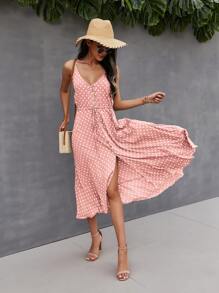 SHEIN VCAY Button Through Drawstring Waist Polka Dot Cami Dress - Dusty Pink - View 3