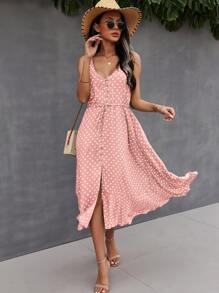 SHEIN VCAY Button Through Drawstring Waist Polka Dot Cami Dress - Dusty Pink - View 4