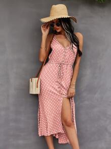 SHEIN VCAY Button Through Drawstring Waist Polka Dot Cami Dress - Dusty Pink - View 6