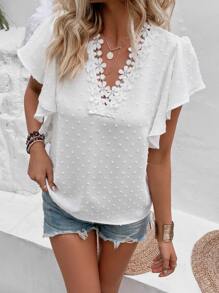 SHEIN LUNE Swiss Dot Guipure Lace Panel Butterfly Sleeve Blouse - White - View 6