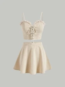 SHEIN MOD Frill Trim Lace Up Front Crop Cami Top & Skirt Without Shirt