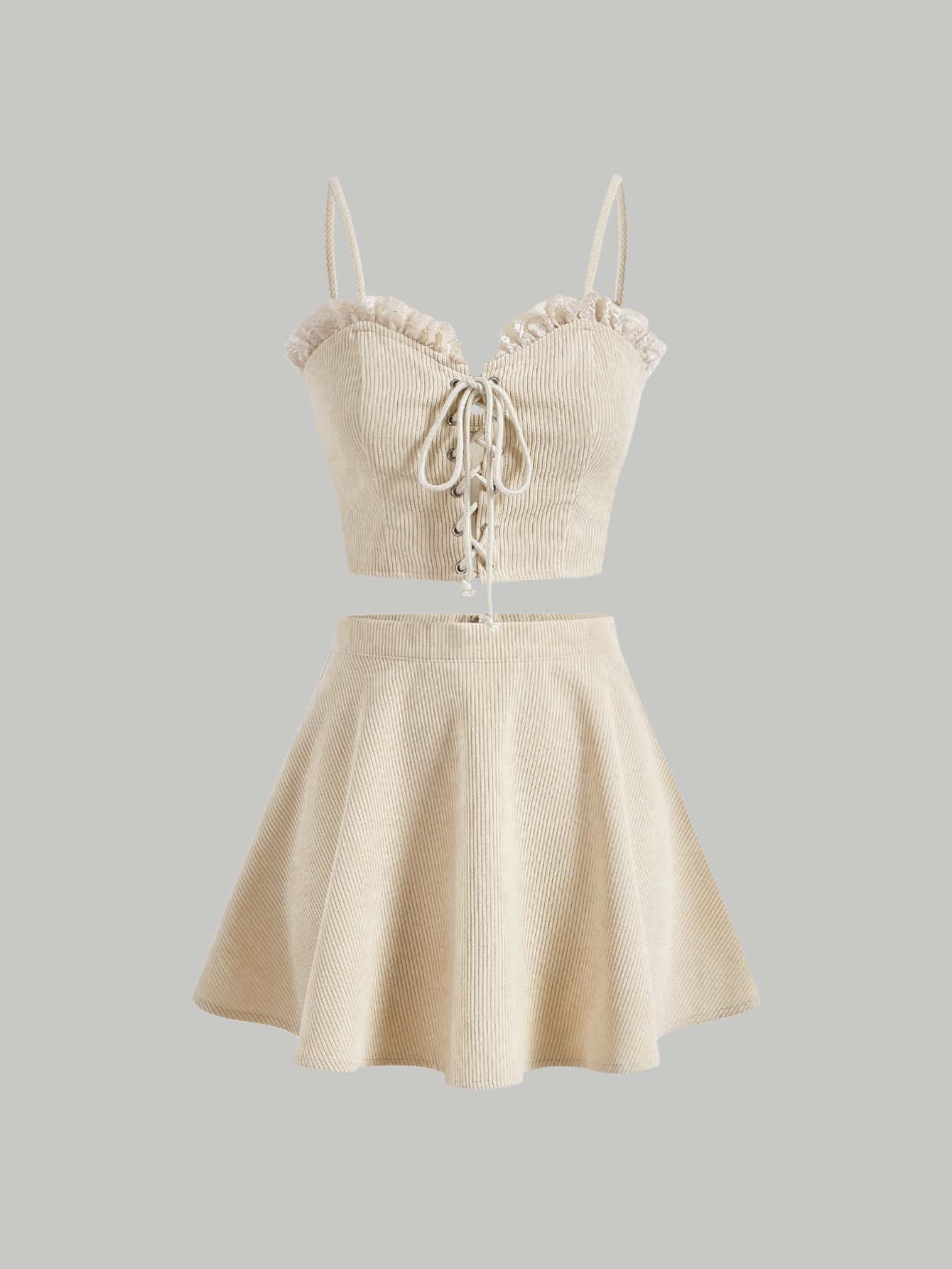 SHEIN MOD Frill Trim Lace Up Front Crop Cami Top & Skirt Without Shirt