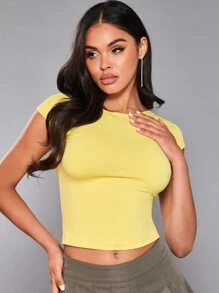 SHEIN BAE Camiseta crop unicolor de espalda abierta - Amarillo - Ver 5