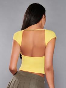 SHEIN BAE Camiseta crop unicolor de espalda abierta - Amarillo - Ver 6