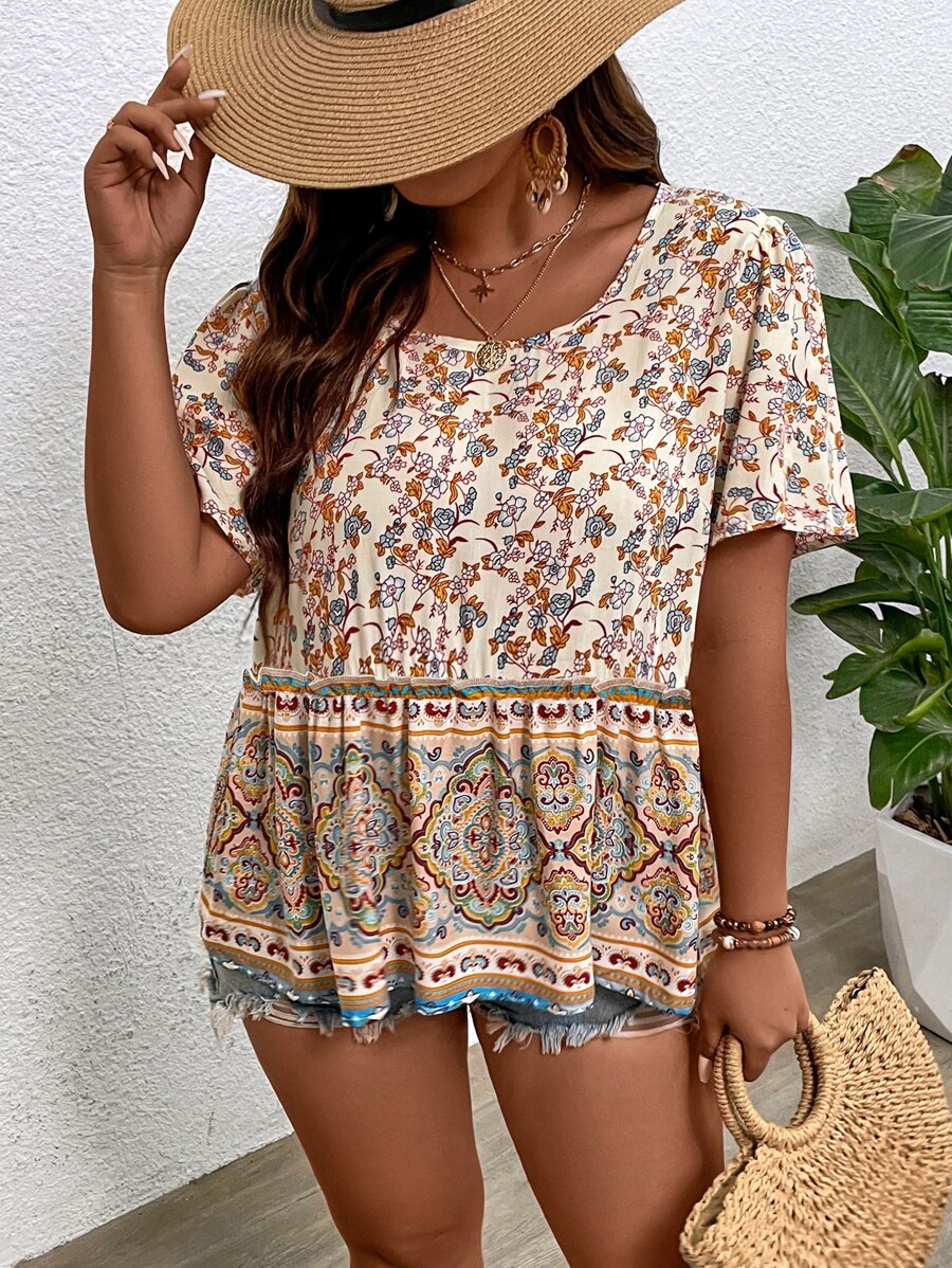 SHEIN Holidaya Plus Floral Print Puff Sleeve Peplum Blouse - Multicolor - View 1