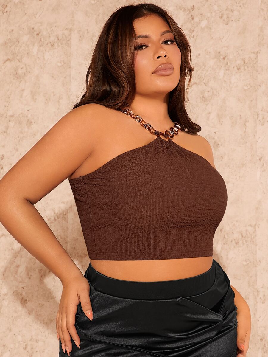 SHEIN SXY Plus Chain Detail Crop Cami Top - Coffee Brown - View 1