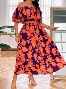 SHEIN Clasi Falda con top con estampado floral de hombros descubiertos ribete con fruncido - Multicolor - Ver 1