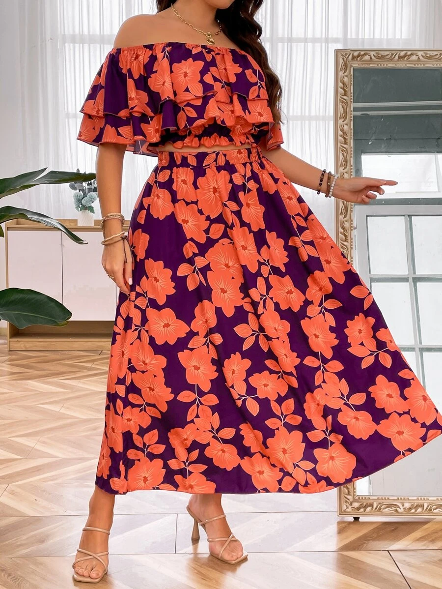 SHEIN Clasi Falda con top con estampado floral de hombros descubiertos ribete con fruncido - Multicolor - Ver 1