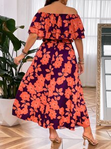 SHEIN Clasi Falda con top con estampado floral de hombros descubiertos ribete con fruncido - Multicolor - Ver 2