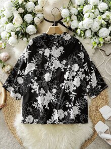 SHEIN LUNE Plus Allover Floral Print Shirt - Black and White - View 2