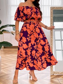 SHEIN Clasi Falda con top con estampado floral de hombros descubiertos ribete con fruncido - Multicolor - Ver 4