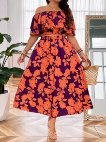 SHEIN Clasi Falda con top con estampado floral de hombros descubiertos ribete con fruncido - Multicolor - Ver 5